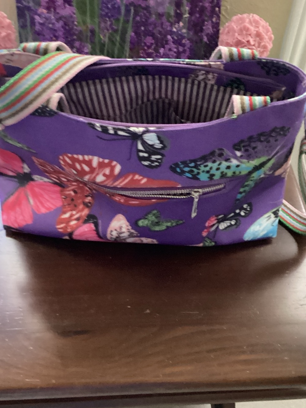 Purple Butterfly Print Crossbody Tote Bag